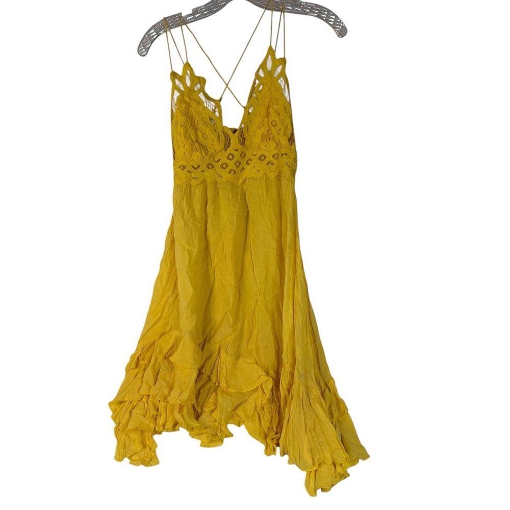 FP‎ One Yellow Adele Lace Boho Slip Dress XS Handkerchief Hem Festival Sundress